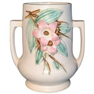 Vintage McCoy Art Pottery Blossom Time Double Handled Ceramic Vase 1940's